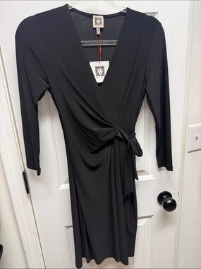 Anne Klein Black Long-Sleeve Wrap Dress with Side Tie